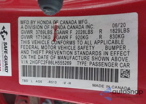 2020 Honda Civic Sport из США, поврежденный, VIN 2HGFC2F86LH555269